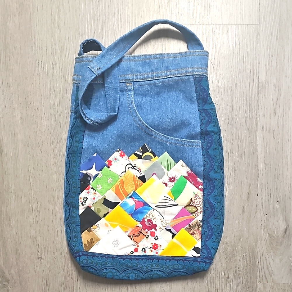 Denim Patchwork Shoulder Bag in Blue